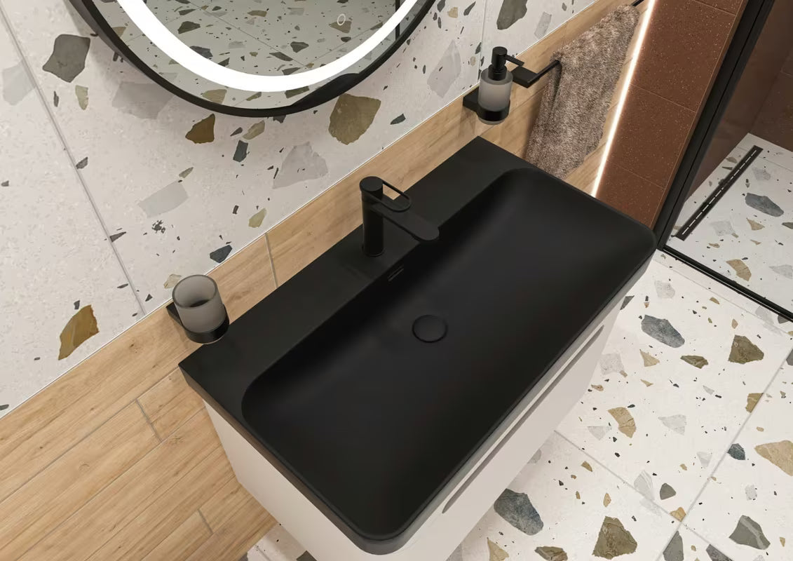 Keramički umivaonik za kupaonski ormarić SAT Fusion u mat crnoj boji s otvorom pro slavinu u sredini