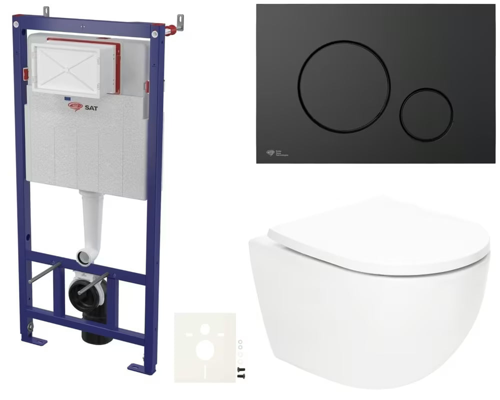 Viseći WC set SAT Fusion s vrtložnim ispiranjem, modulom, vodokotlićem, tipkom crna mat i sjedalom