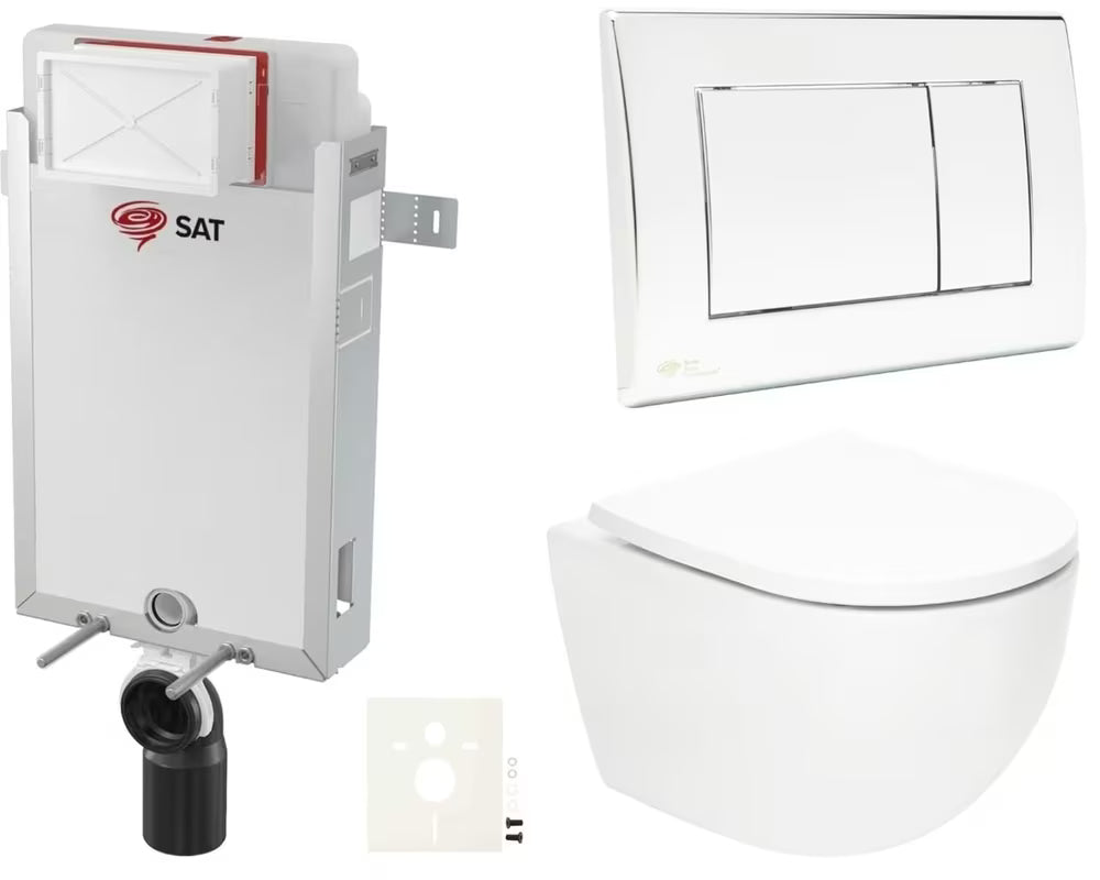 Viseći WC set SAT Fusion s ugradbenim modulom, WC školjke vodokotlićem, upravljačkom tipkom u sjajnom kromu i sjedalom od duroplasta.