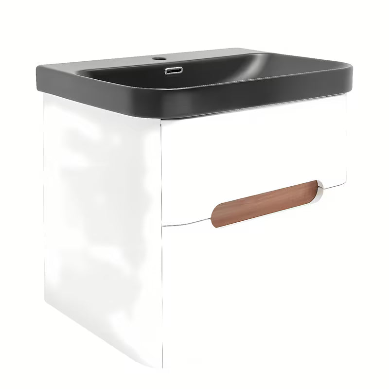 Viseća ormarić s umivaonikom SAT Fusion 57,5x53x45 cm u mat bijeloj boji s mat crnim umivaonikom.