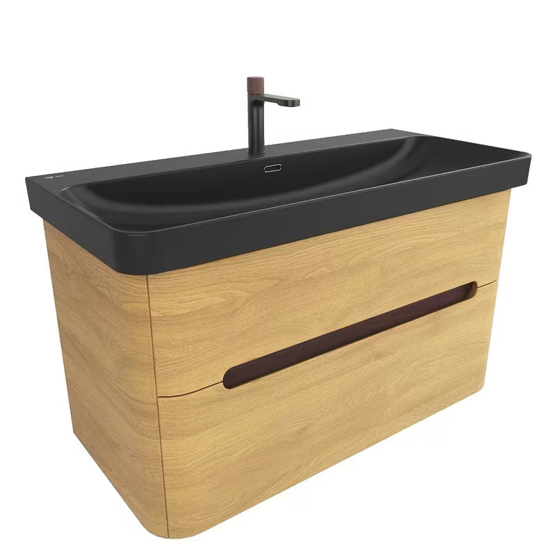 Viseća ormarić s umivaonikom SAT Fusion 97,5x45x53 cm u dekoru medni hrast s crnim mat umivaonikom