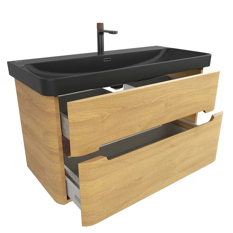 Viseća ormarić s umivaonikom SAT Fusion 97,5x45x53 cm u dekoru medni hrast s crnim mat umivaonikom