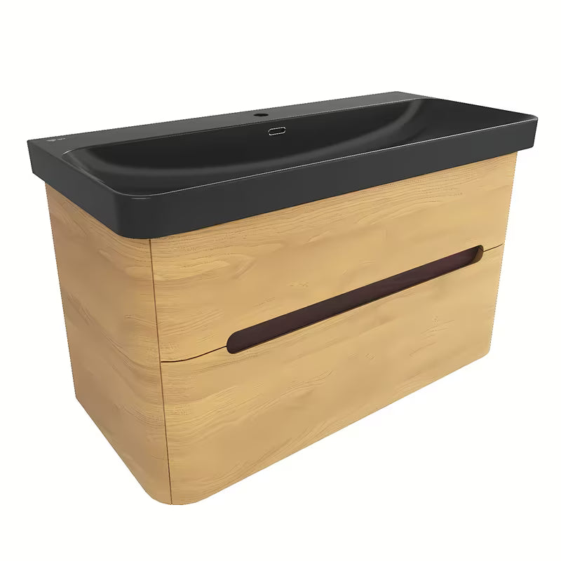 Viseća kupaonski ormarić SAT Fusion u dekoru medni hrast s crnim mat umivaonikom