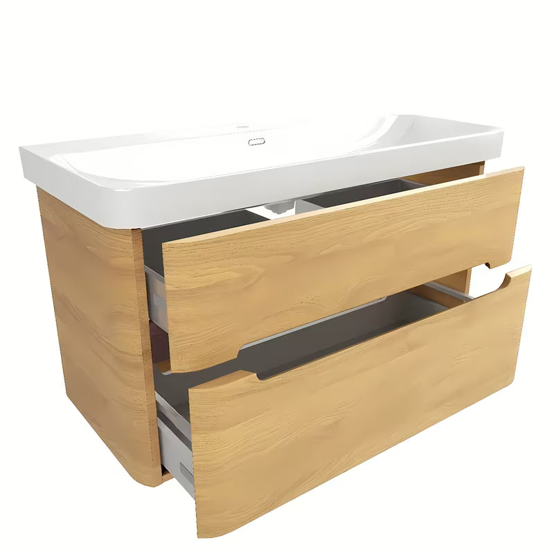 Viseća kupaonski ormarić SAT Fusion s keramičkim umivaonikom u dekoru medni hrast