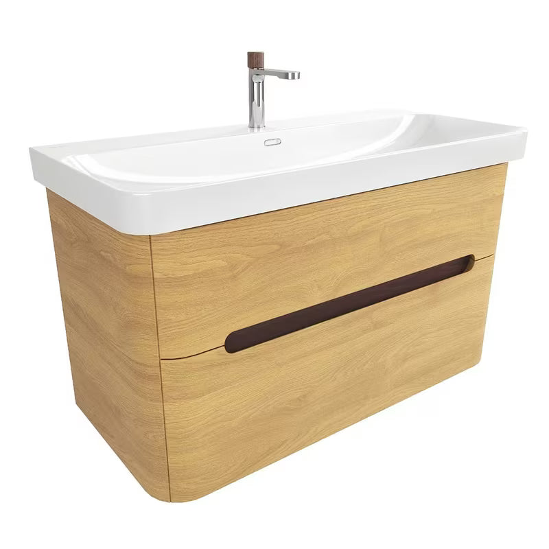 Viseća kupaonski ormarić SAT Fusion s keramičkim umivaonikom u dekoru medni hrast