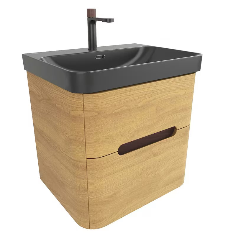 Viseća kupaonski ormarić SAT Fusion s umivaonikom u mat crnoj boji, u dekoru medni hrast