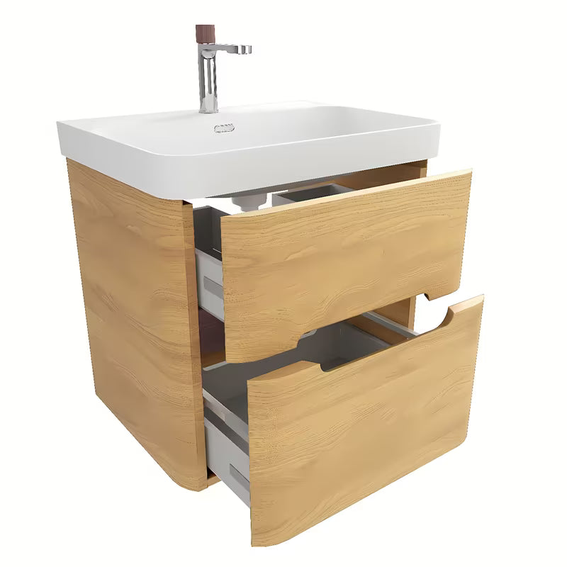 Viseća ormarić s umivaonikom SAT Fusion u dekoru medni hrast s mat bijelim umivaonikom