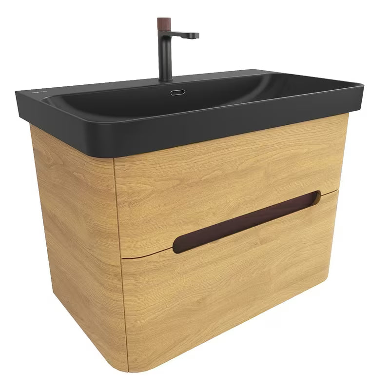 Viseća ormarić s umivaonikom SAT Fusion u dekoru medni hrast s mat crnim umivaonikom