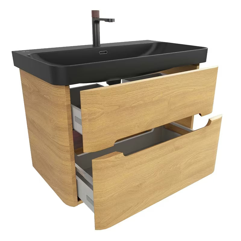 Viseća ormarić s umivaonikom SAT Fusion u dekoru medni hrast s mat crnim umivaonikom