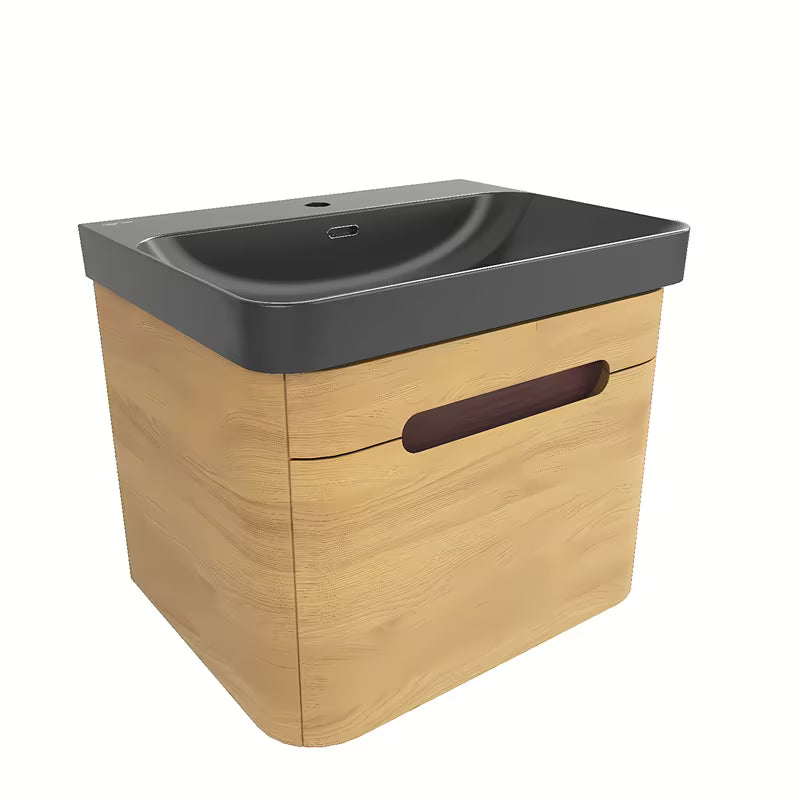 Viseća kupaonski ormarić SAT Fusion s umivaonikom u dekoru medenog hrasta i crnoj mat boji.