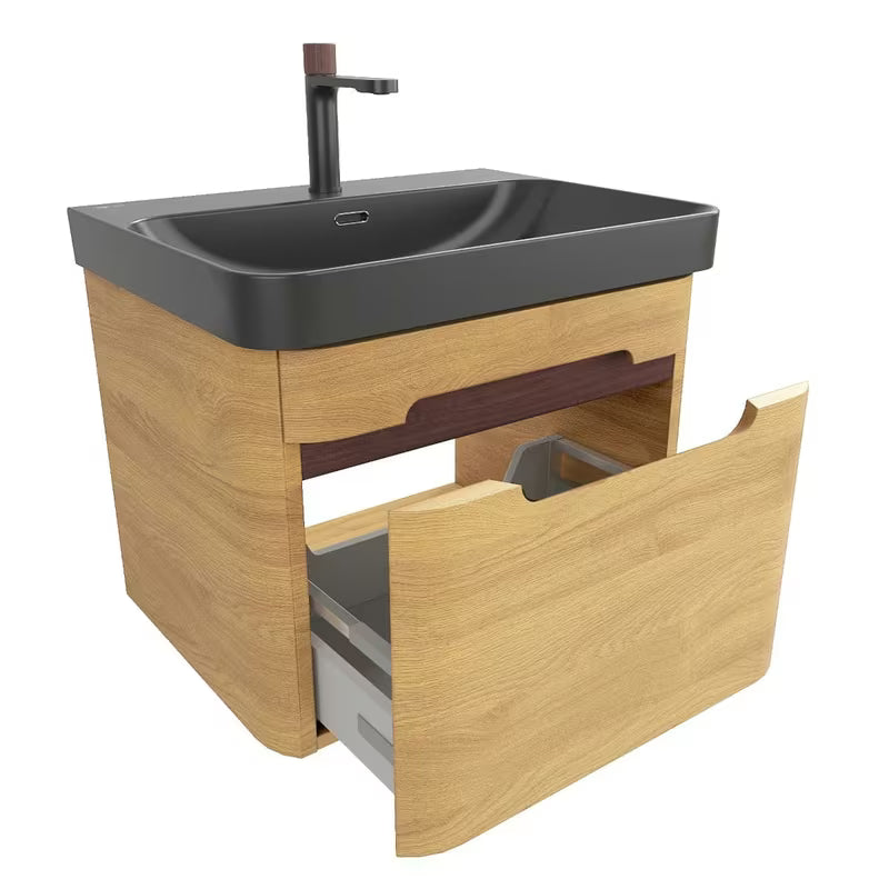 Viseća ormarić s umivaonikom SAT Fusion u dekoru medenog hrasta s crnim mat umivaonikom