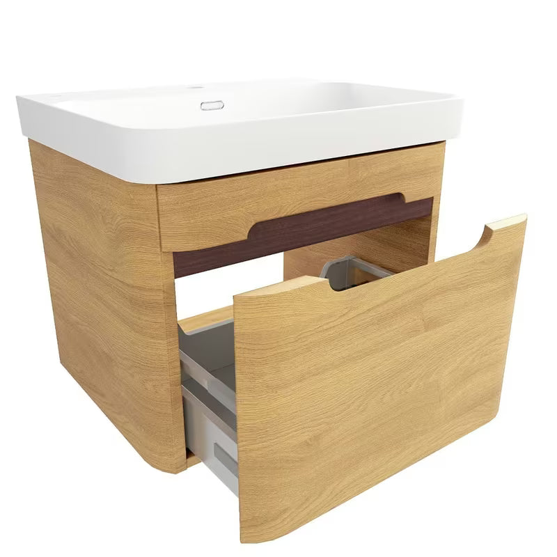 Viseća kupaonski ormarić SAT Fusion s umivaonikom u dekoru medenog hrasta i s bijelom mat površinom.