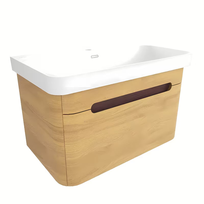 Viseća kupaonski ormarić s umivaonikom SAT Fusion u dekoru medenog hrasta i s bijelim mat umivaonikom.