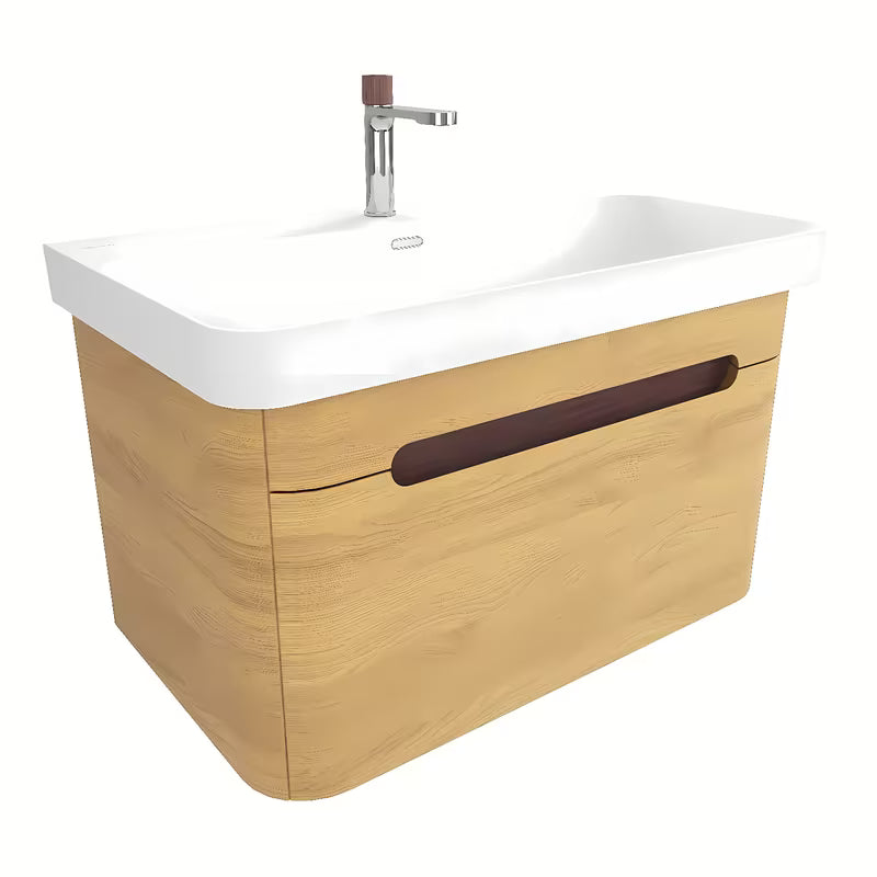 Viseća kupaonski ormarić SAT Fusion s namještajskim umivaonikom u bijeloj mat boji, u dekoru medenog hrasta.