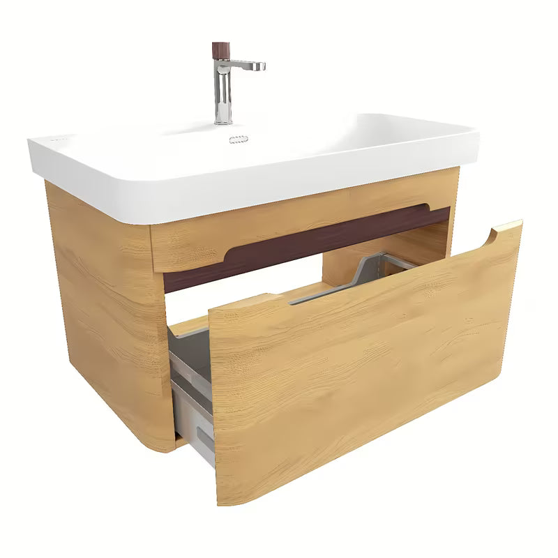 Viseća kupaonski ormarić SAT Fusion s namještajskim umivaonikom u bijeloj mat boji, u dekoru medenog hrasta.