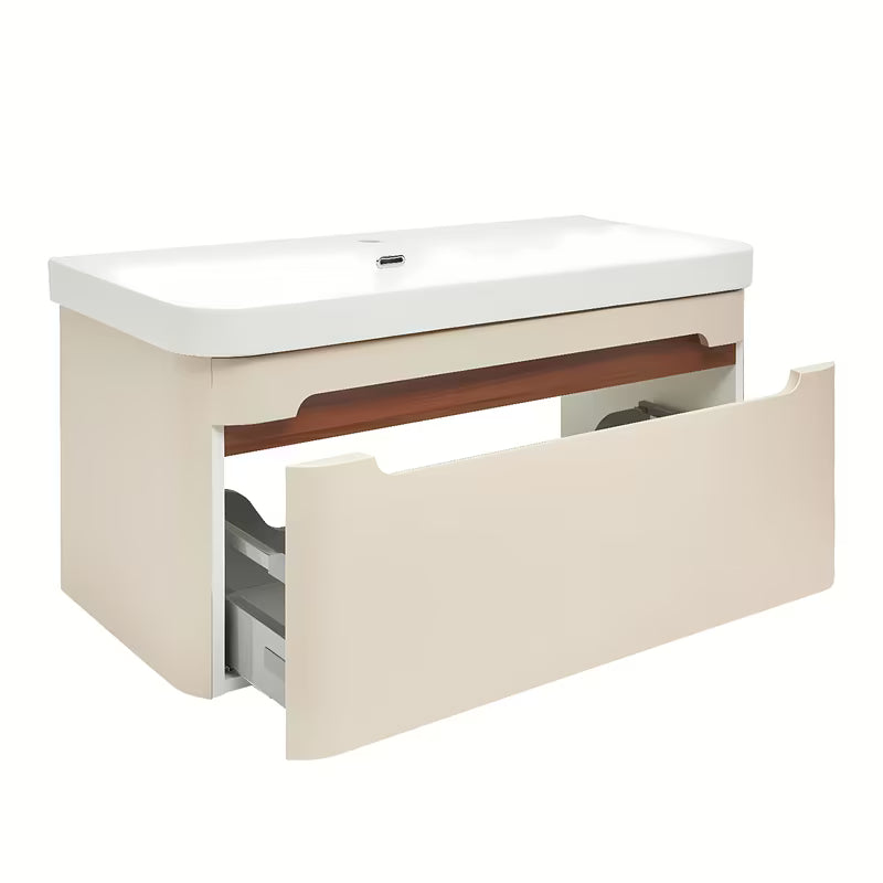 Viseća kupaonski ormarić s umivaonikom SAT Fusion u mat pješčano bež boji sa zaobljenim kutovima