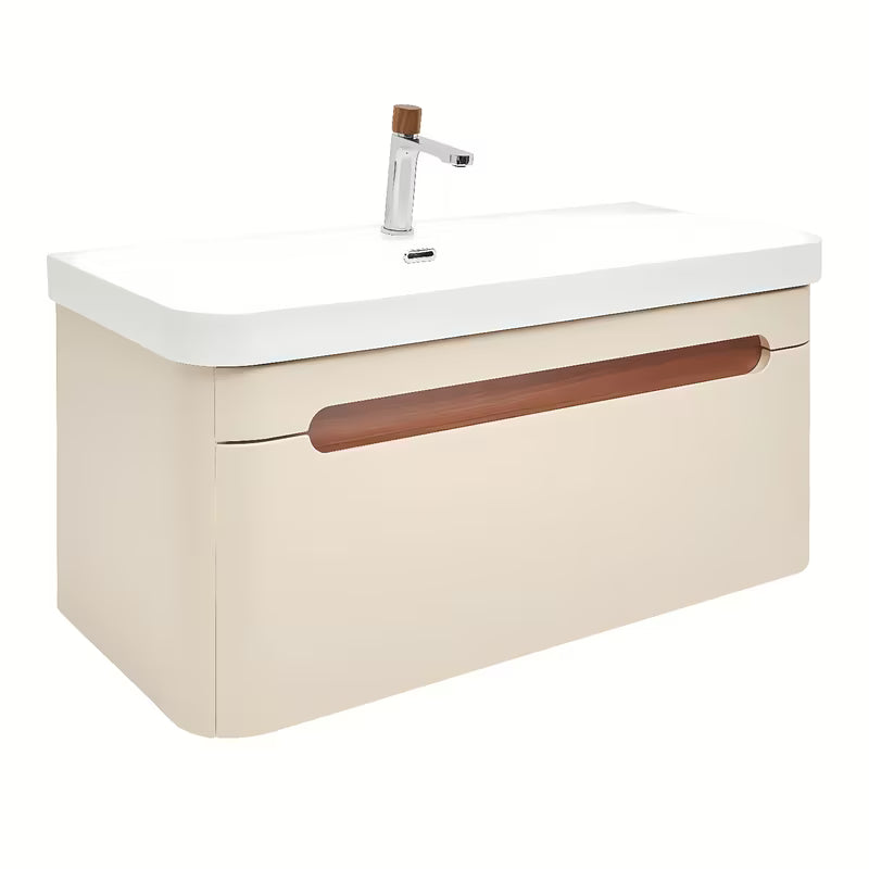 Viseća kupaonski ormarić SAT Fusion s umivaonikom u mat pješčano bež boji i s obrubom od oraha.