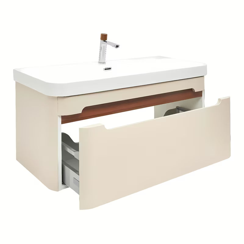 Viseća kupaonski ormarić SAT Fusion s umivaonikom u mat pješčano bež boji i s obrubom od oraha.