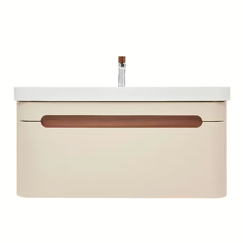 Viseća kupaonski ormarić SAT Fusion s umivaonikom u mat pješčano bež boji i s obrubom od oraha.