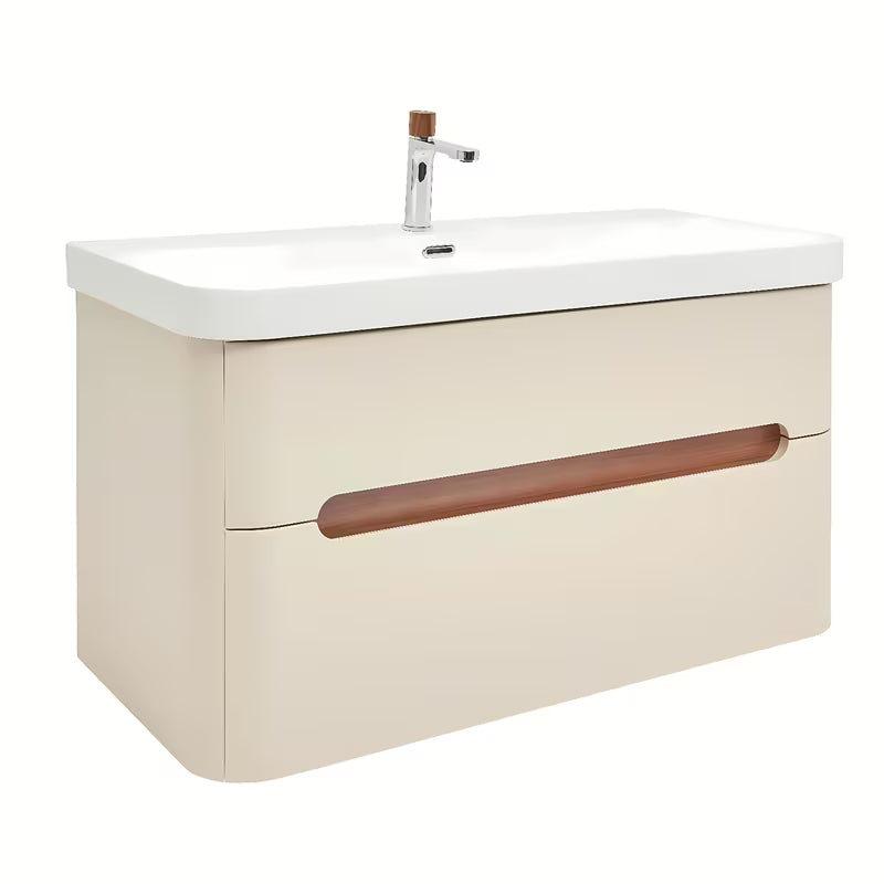 Viseća kupaonski ormarić s umivaonikom SAT Fusion u mat pješčano-bež boji s dvije ladice.