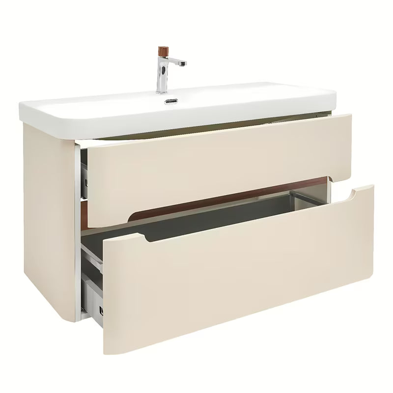 Viseća kupaonski ormarić s umivaonikom SAT Fusion u mat pješčano-bež boji s dvije ladice.