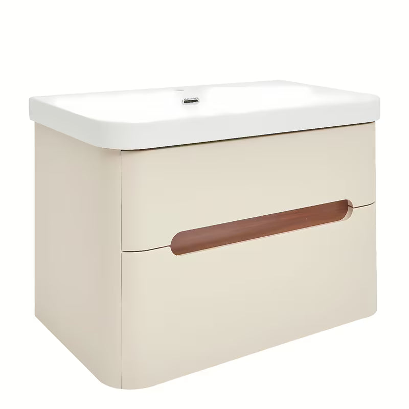 Viseća kupaonski ormarić s umivaonikom SAT Fusion u mat pješčano bež boji s obrubom u dekoru oraha