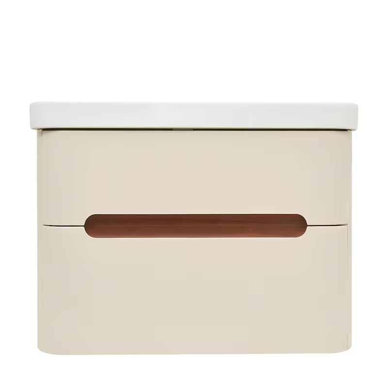 Viseća kupaonski ormarić s umivaonikom SAT Fusion u mat pješčano bež boji s obrubom u dekoru oraha