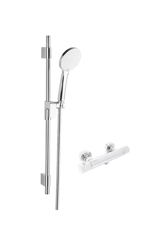 Termostatska miješalica za tuš SAT Fusion u krom izvedbi s tuš setom pro za sigurno i udobno tuširanje.