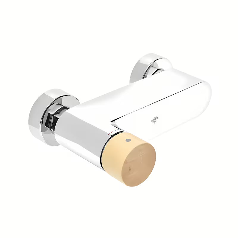 Jednoručna Baterija miješalica za tuš SAT Fusion s kromiranom površinom i ručicom u dekoru svijetlog drva.