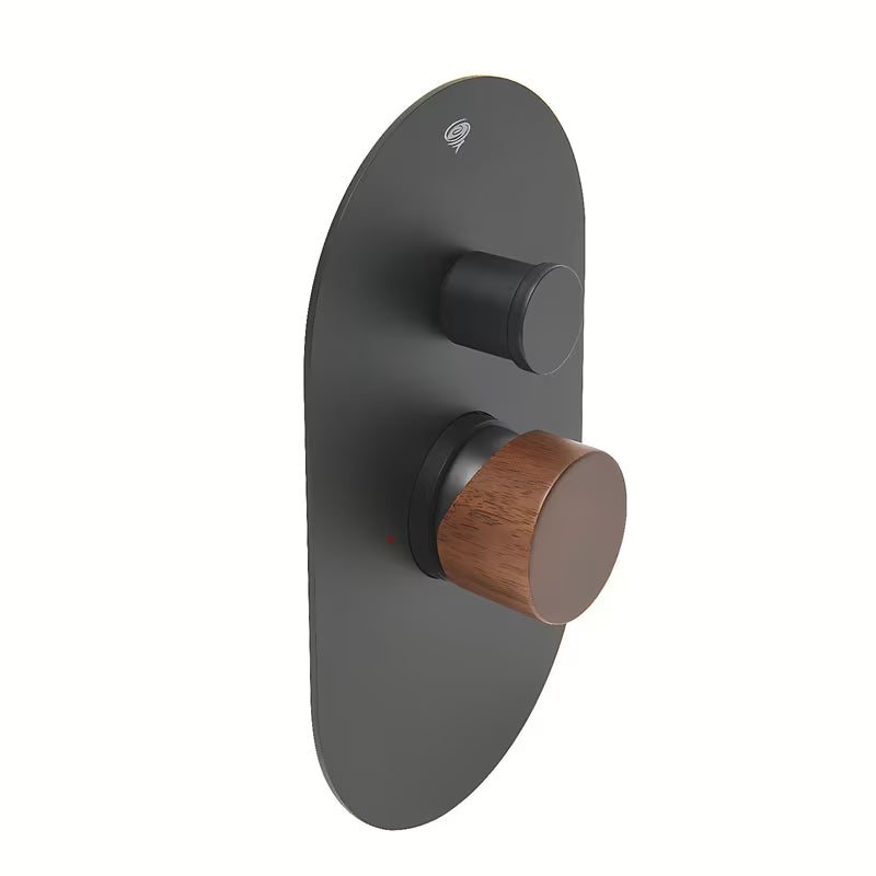 Podžbukna jednoručna baterija miješalica za tuš SAT Fusion s mat površinom i ručicom u dekoru tamnog drva.