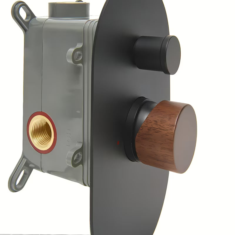 Podžbukna jednoručna baterija miješalica za tuš SAT Fusion s mat površinom i ručicom u dekoru tamnog drva.