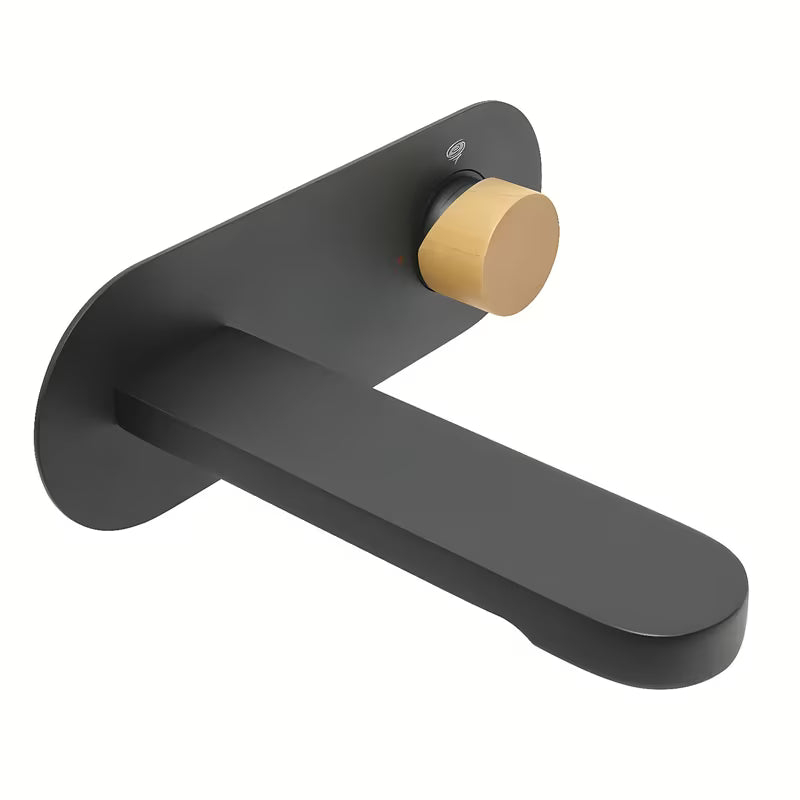 Podžbukna miješalica za umivaonik SAT Fusion u mat crnoj boji s ručicom u dekoru svijetlog drva.