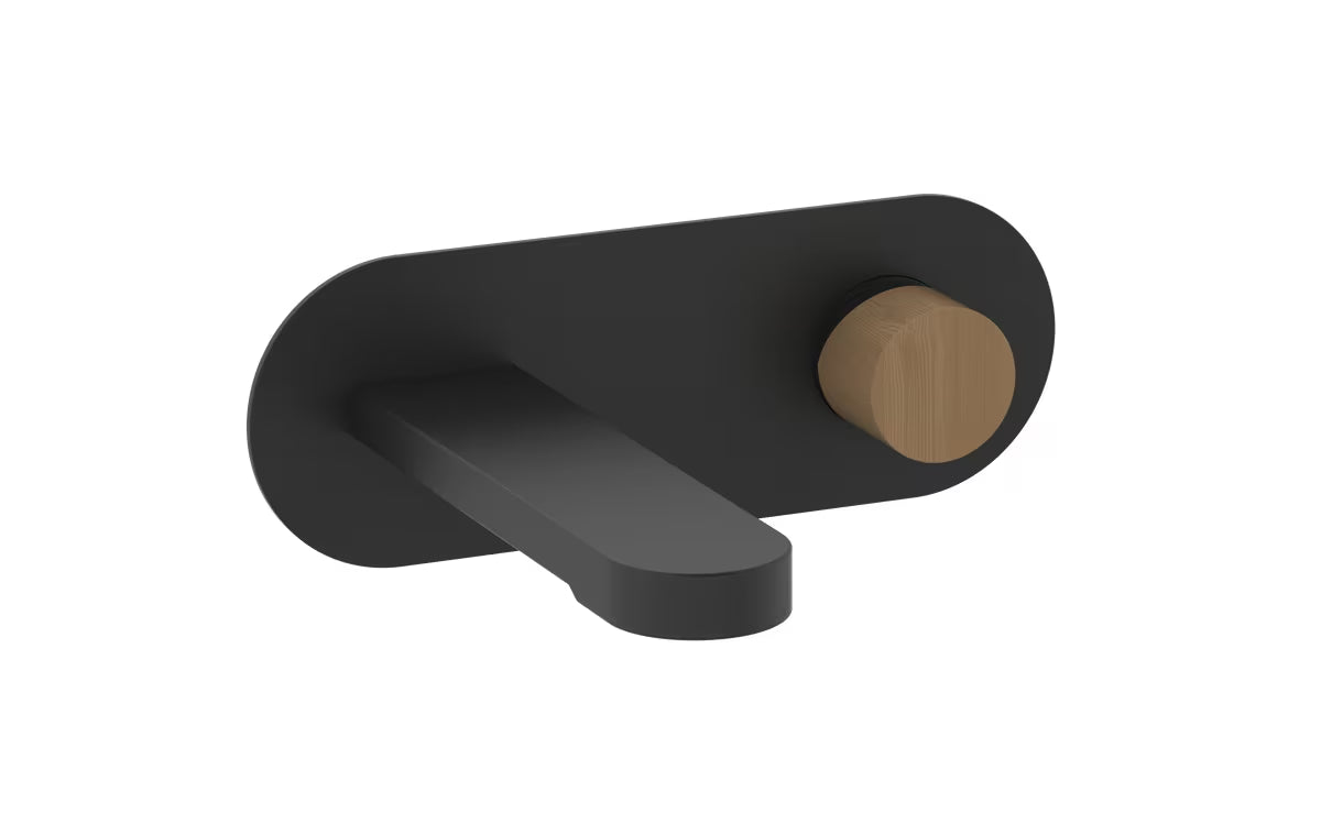 Podžbukna miješalica za umivaonik SAT Fusion u mat crnoj boji s ručicom u dekoru svijetlog drva.