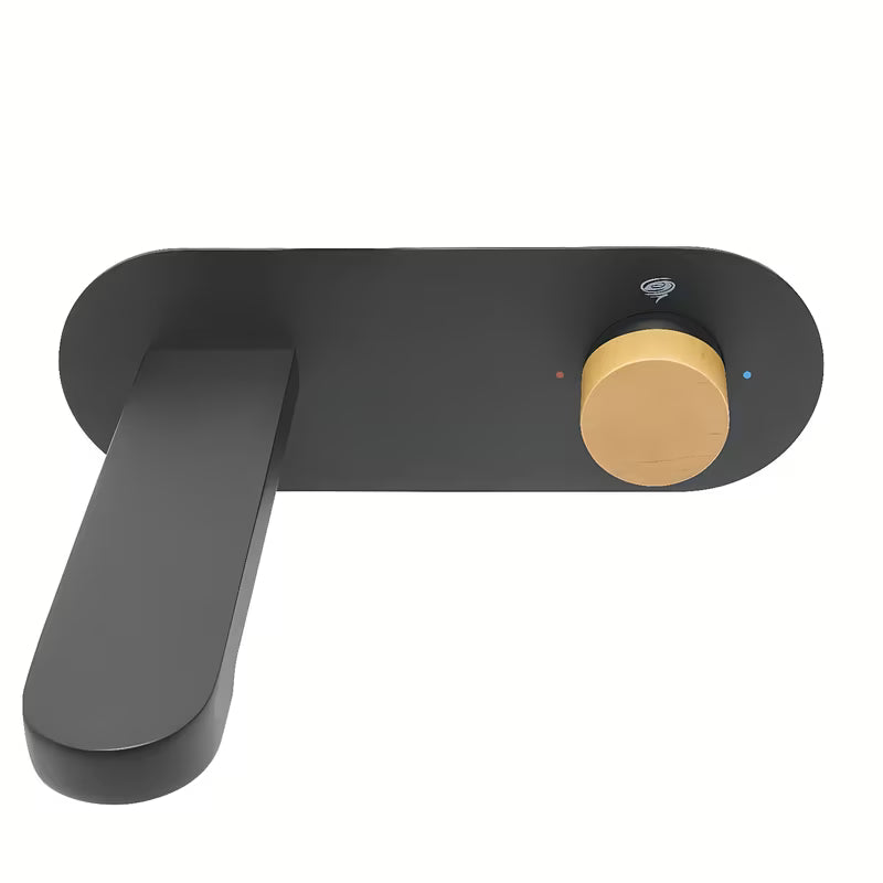 Podžbukna miješalica za umivaonik SAT Fusion u mat crnoj boji s ručicom u dekoru svijetlog drva.