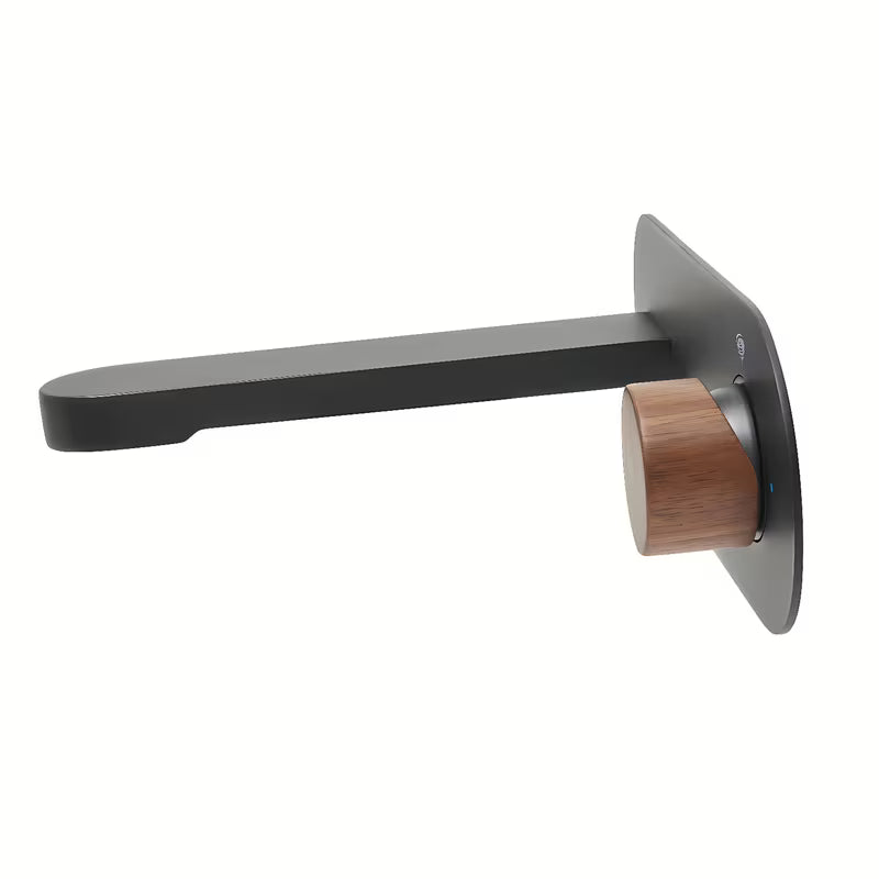 Podžbukna miješalica za umivaonik SAT Fusion u mat crnoj boji s ručicom u dekoru tamnog drva