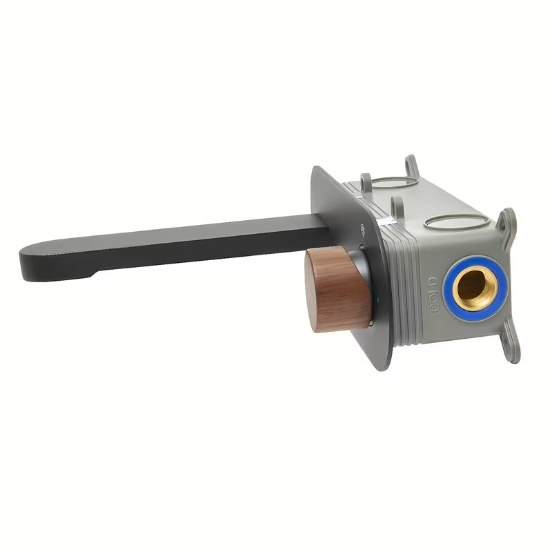 Podžbukna miješalica za umivaonik SAT Fusion u mat crnoj boji s ručicom u dekoru tamnog drva