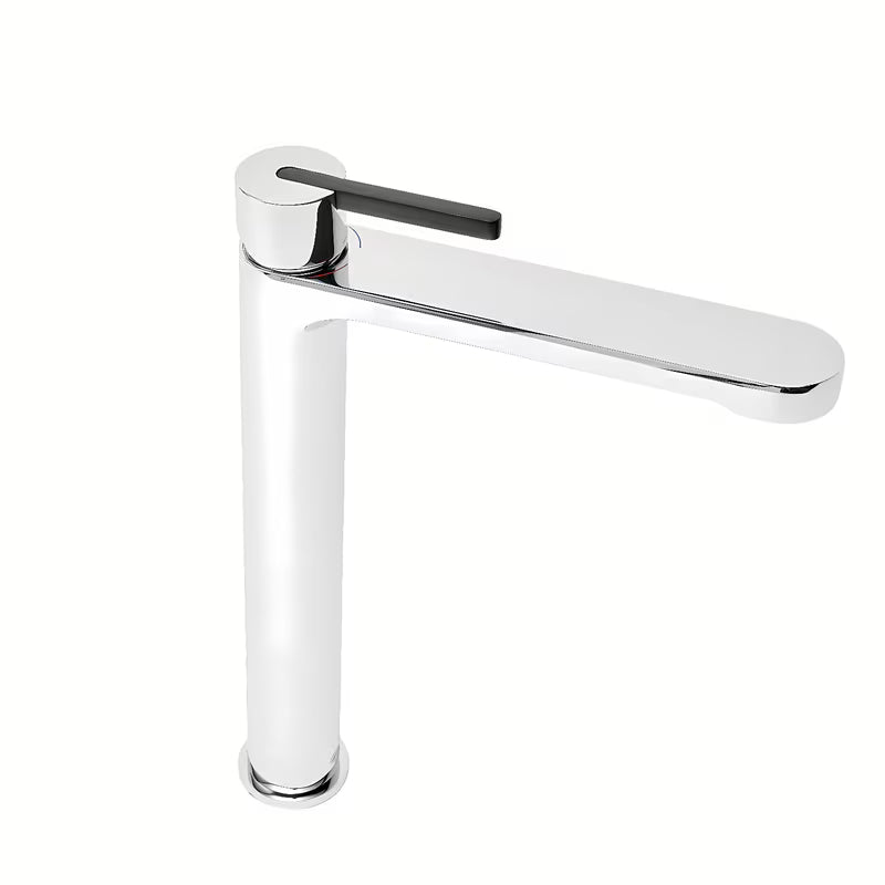 Visoka miješalica za Umivaonik SAT Fusion u kromiranoj izvedbi bez odvoda s crnom upravljačkom ručicom.