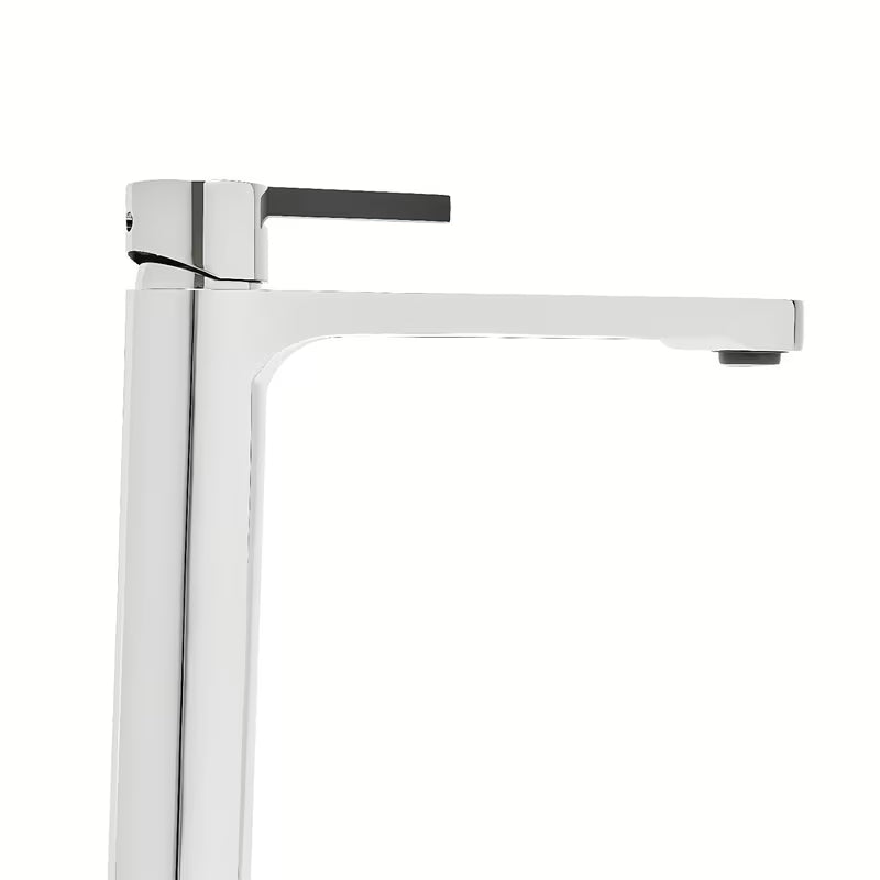 Visoka miješalica za Umivaonik SAT Fusion u kromiranoj izvedbi bez odvoda s crnom upravljačkom ručicom.