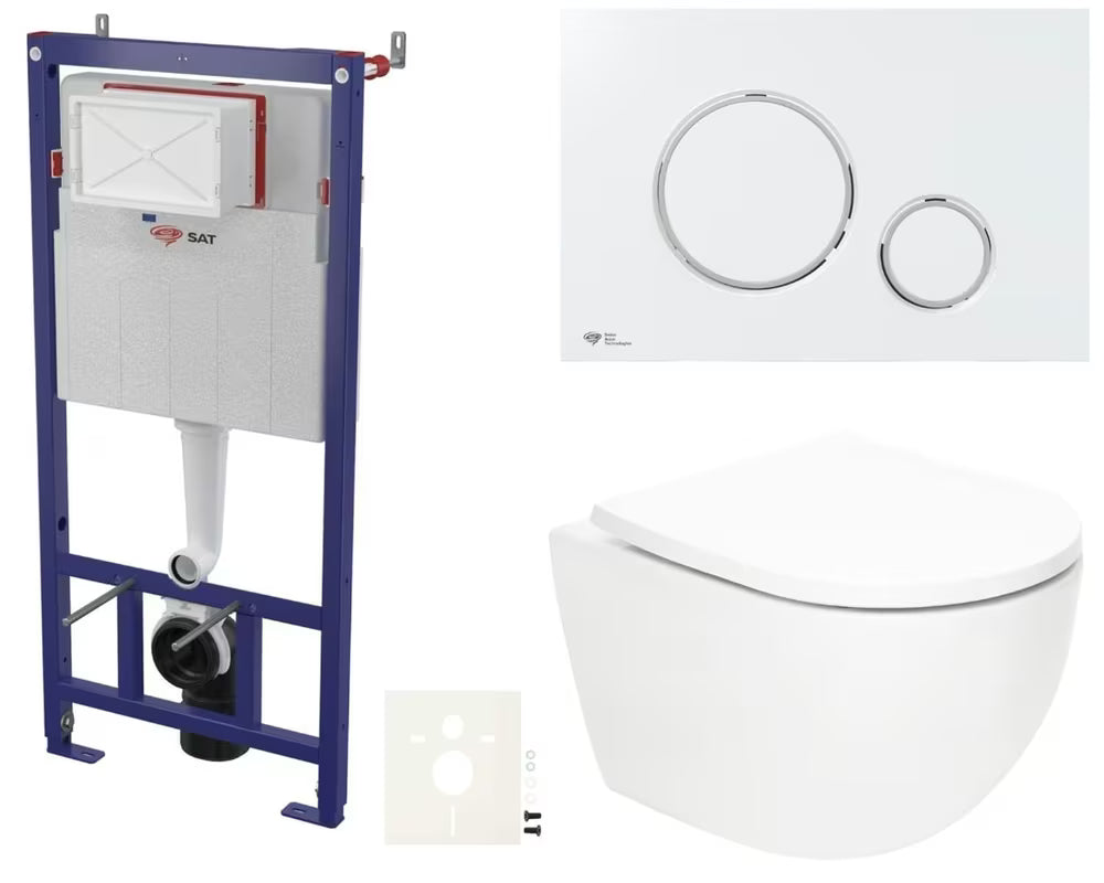 Viseći WC set SAT Fusion s vrtložnim ispiranjem, modulom, vodokotlićem, bijelom tipkom i sjedalom