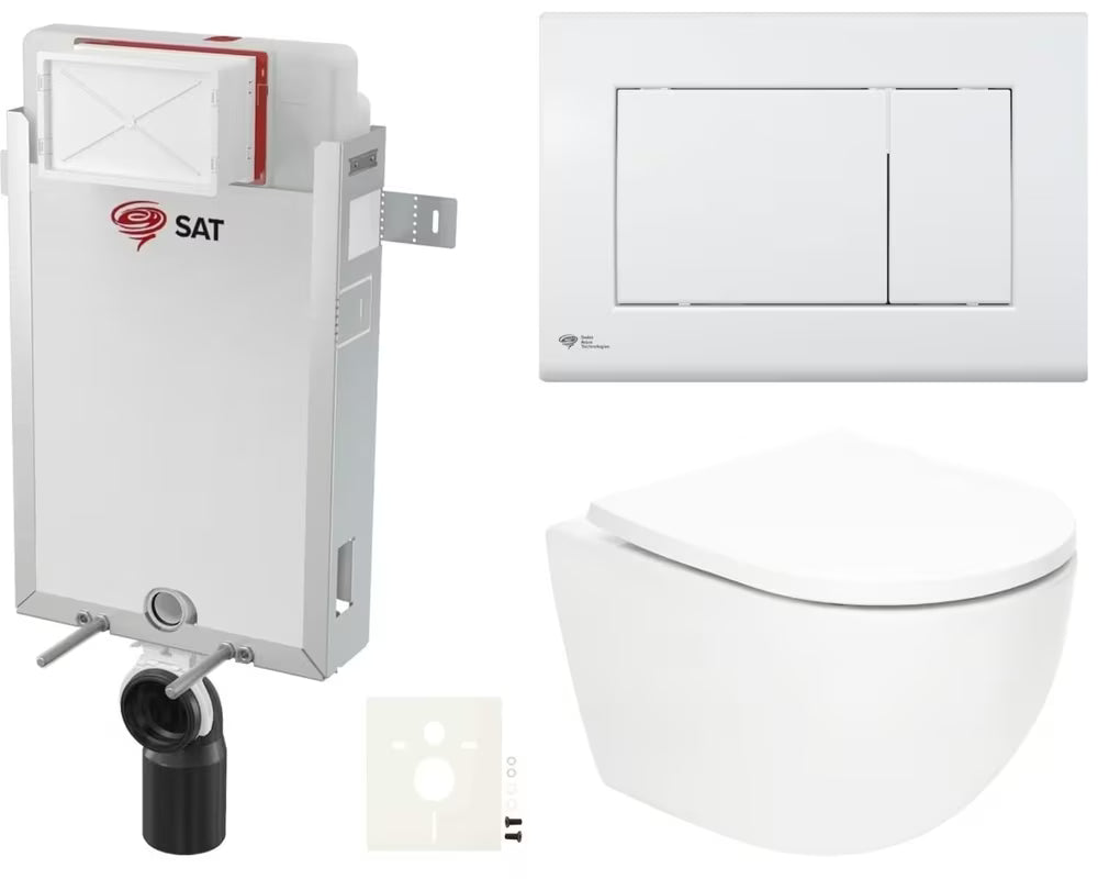 Viseći WC set SAT Fusion s vrtložnim ispiranjem, ugradbenim modulom, vodokotlićem i bijelom tipkom