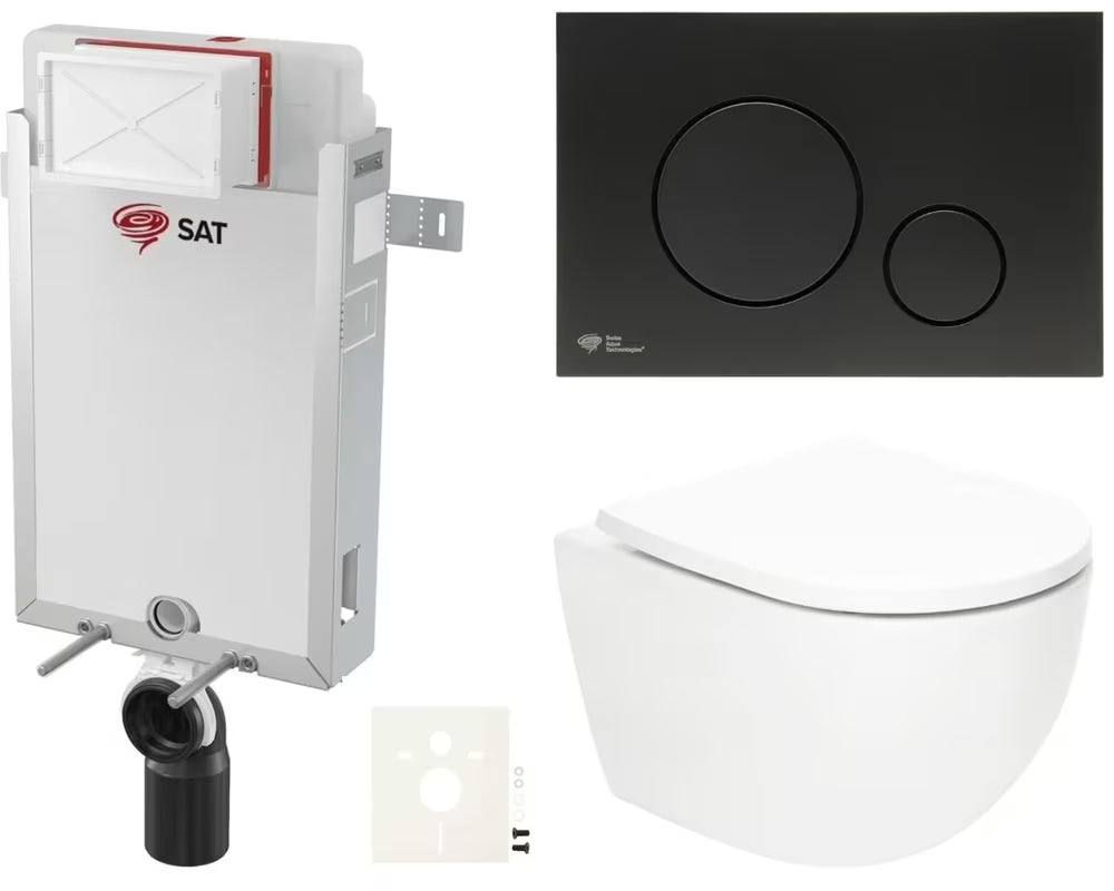 Viseći WC set SAT Fusion s vrtložnim ispiranjem, ugradbenim modulom, vodokotlićem i mat crnom tipkom