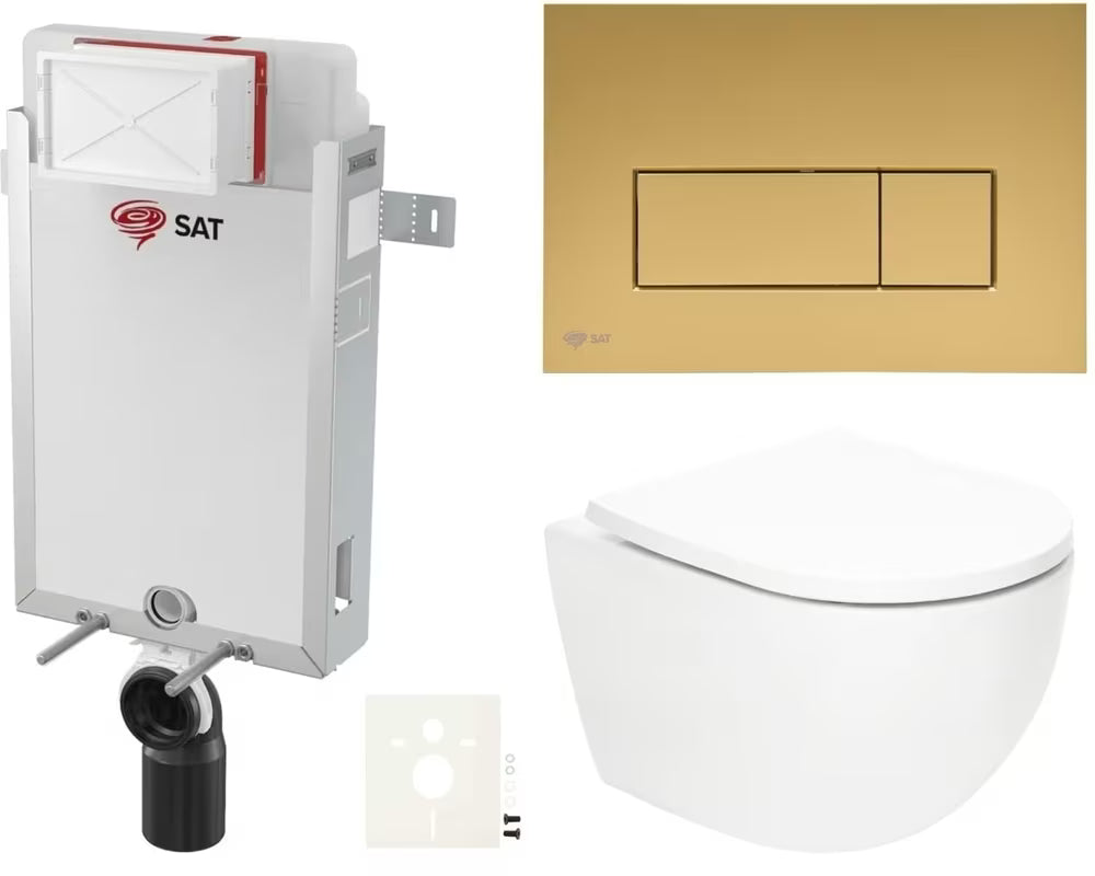 Viseći WC set SAT Fusion s ugradbenim modulom, vodokotlićem, tipkom gold mat i sjedalom od duroplasta.