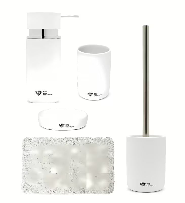 Set kupaonskih dodataka SAT Infinitio s dozatorom, držačem četkica za zube, posudicom za sapun, WC školjke WC četkom i kupaonskim tepihom.