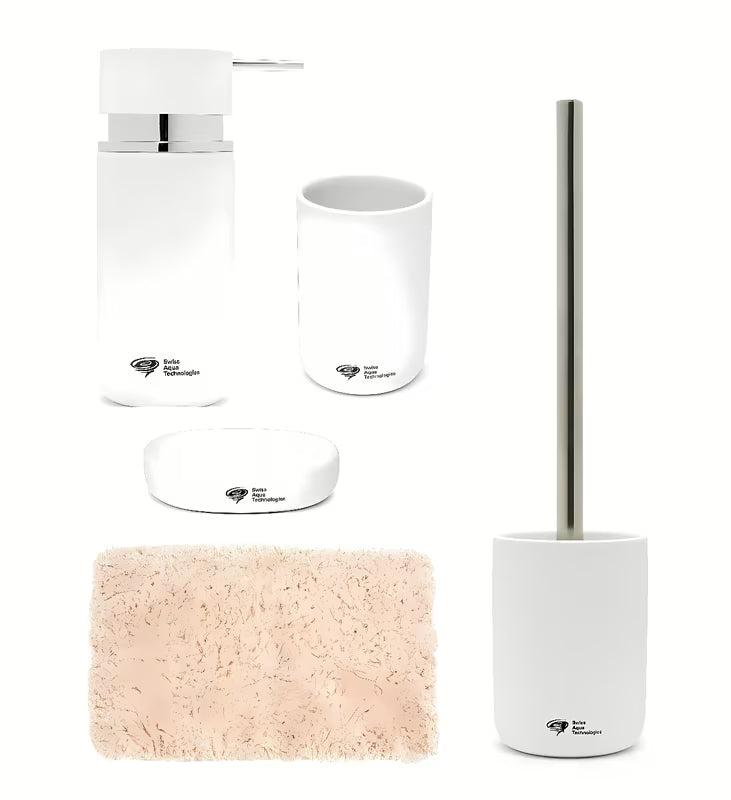 Set kupaonskih dodataka SAT Infinitio s dozatorom za sapun, držačem četkica za zube, posudicom za sapun, WC školjke WC četkom i kupaonskim tepihom.