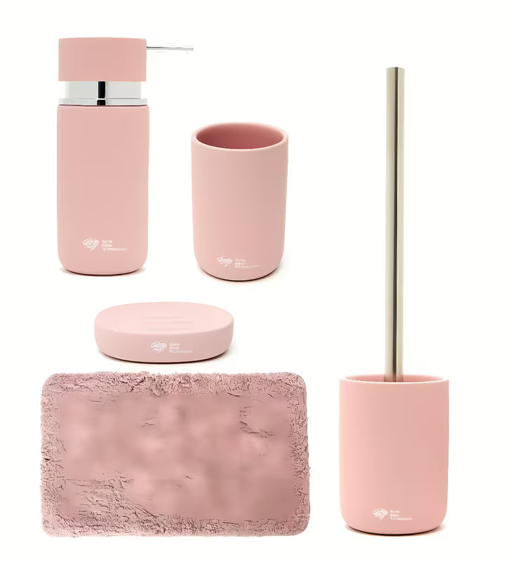 Set kupaonskih dodataka SAT Infinitio s dozatorom za sapun, držačem četkica za zube, posudicom za sapun, WC školjke WC četkom i kupaonskim tepihom.