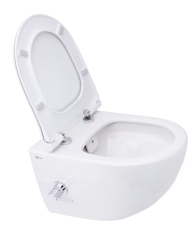 Bijeli viseća WC školjka SAT Infinitio s integriranom bide funkcijom, bočnim upravljanjem i sjedalom soft Close.