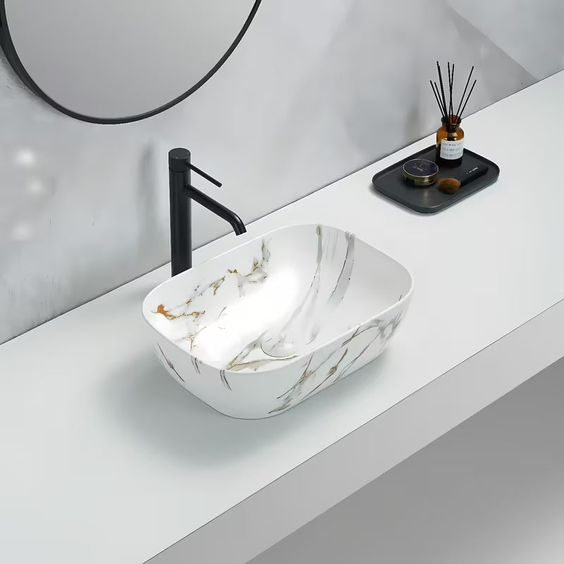 SAT Infinitio umivaonik na ploču bez preljeva u mat bijeloj boji s mramornim dizajnom, 45,5x32,5 cm