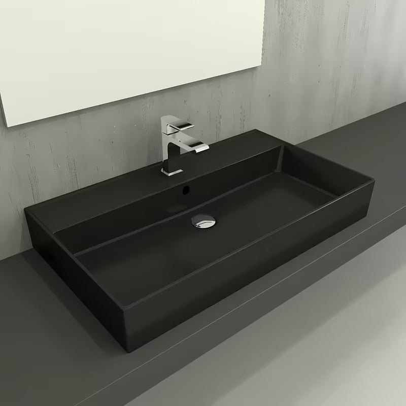 Keramički umivaonik SAT Infinitio 80,5x46,5 cm u crnoj mat boji s preljevom i pravokutnim oblikom.