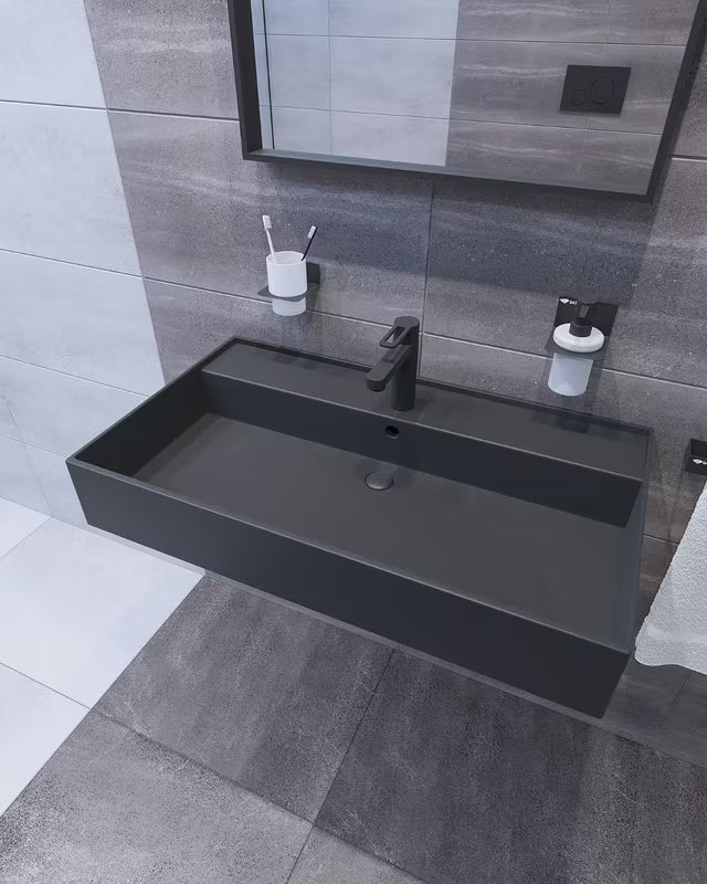 Keramički umivaonik SAT Infinitio 80,5x46,5 cm u crnoj mat boji s preljevom i pravokutnim oblikom.