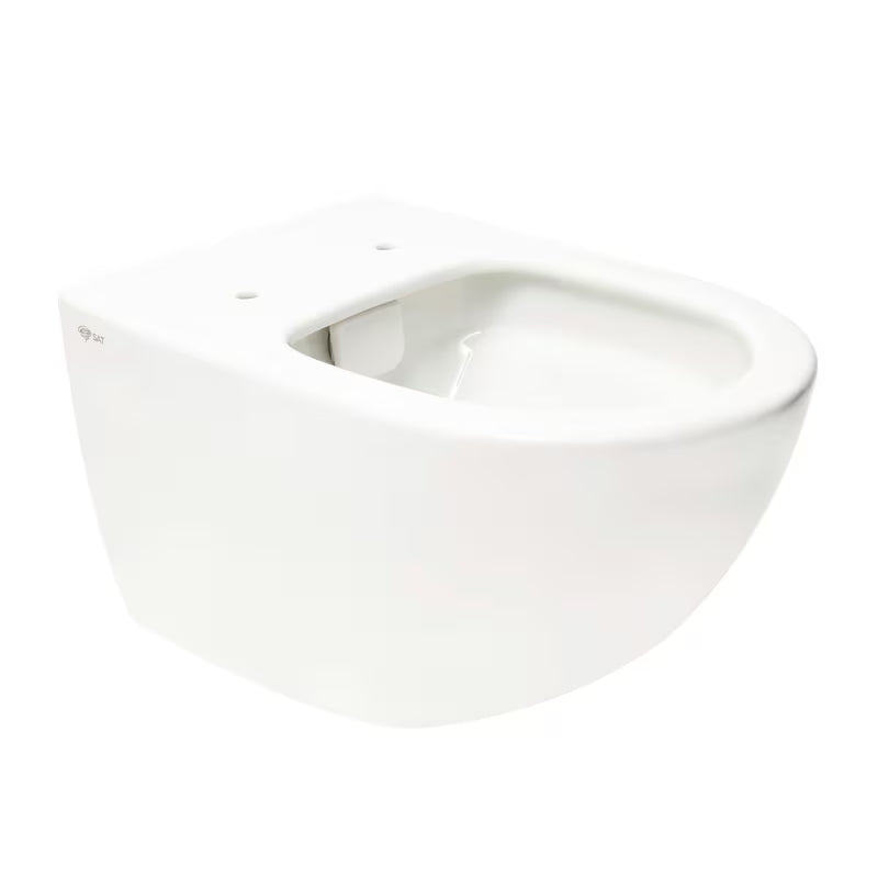 Bijeli viseća WC školjka SAT Infinitio s bezrubnim ispiranjem Rim-Ex i sjedalom sa soft Close.